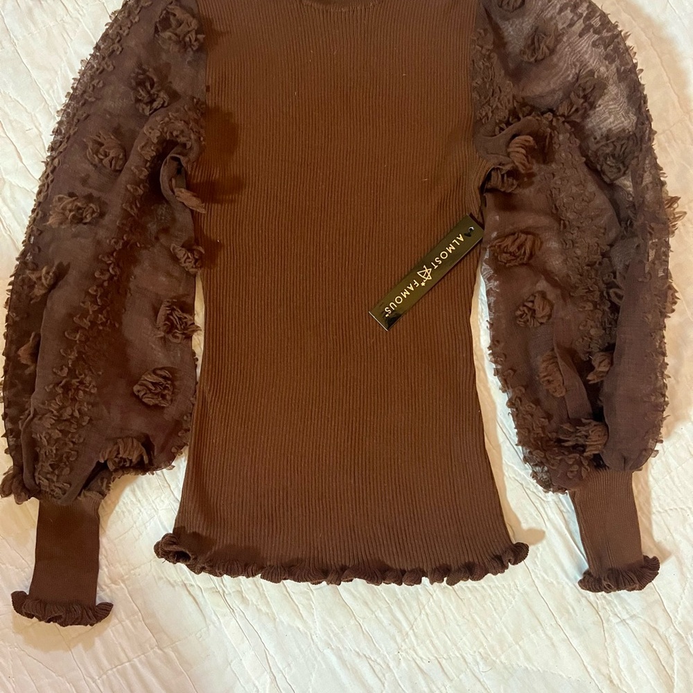 NWT Brown Ribbed Knit Top Sheer Puff Sleeves 3D Floral High Neck size M